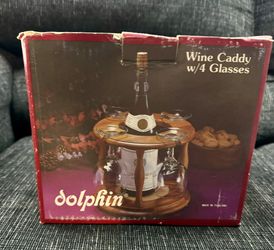 Vintage Set of 4 Wine Glasses w/ Teakwood Wine Bottle Caddy