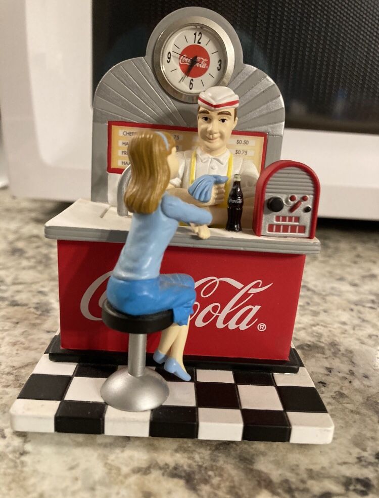 2002 Coca Cola Mini Clock Retro Soda Jerk Diner Counter