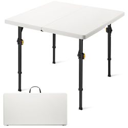 B308 $50   34" Square Folding Card Table, Two Heights Adjustable, Max Load 200 lbs, Portable Table with Lock Button, for Indoor/Outdoor, Home, Parties