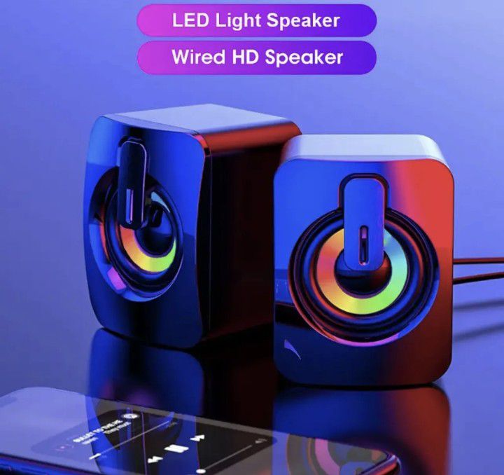 Computer Speakers, Gaming Speaker for PC, Stereo 2.0 USB Powered Desktop Speaker with 3.5 mm Aux-in, in-line Volume Control, RGB LED Lights Mini Multi