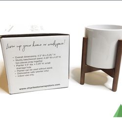 WHITE CERAMIC PLANTER POT AND STAND FOR PLANTS SUCCULENTS DESK MODERN