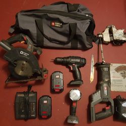 40 Hand Tools Porter Cable Power Tools Drill 2 Saws 1 Lamp 2 Batteries 2 Charger 1 Extra Saw Blade 1 Vise 1 Bag Vise Square Wrenches Sockets Extension