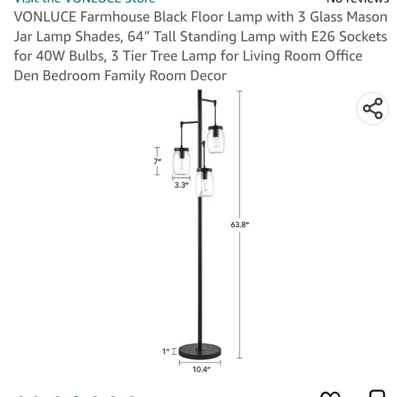 Farmhouse Black Floor Lamp with 3 Glass Mason Jar Lamp Shades, 64″ Tall Standing Lamp with E26 Sockets for 40W Bulbs, 3 Tier Tree Lamp for Living Room