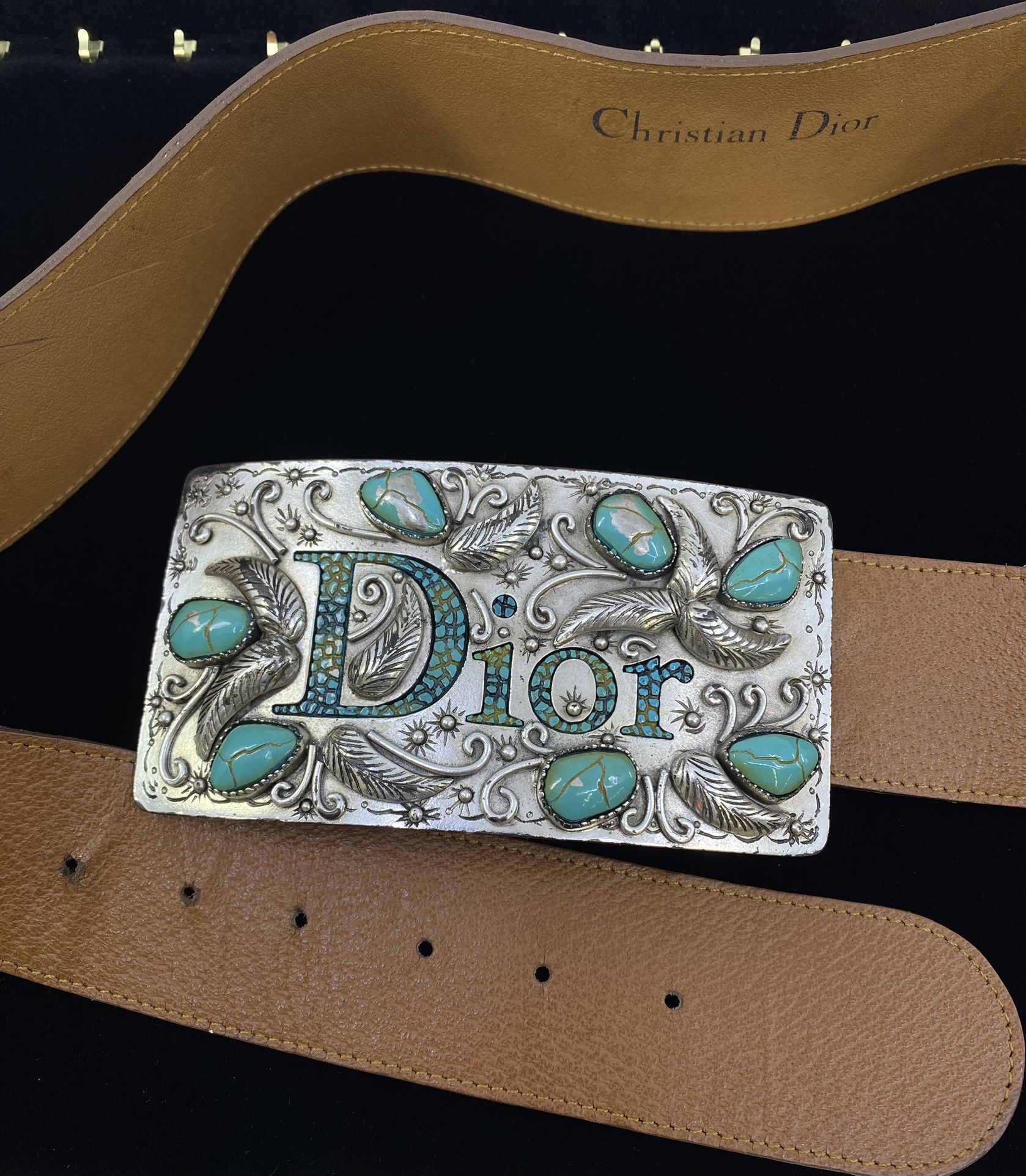 Christian Dior Large Oversized Western Style Turquoise Leather Belt