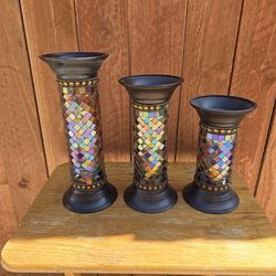 Set of 3 Partylite Glass Mosaic Candle Holder Pillars 