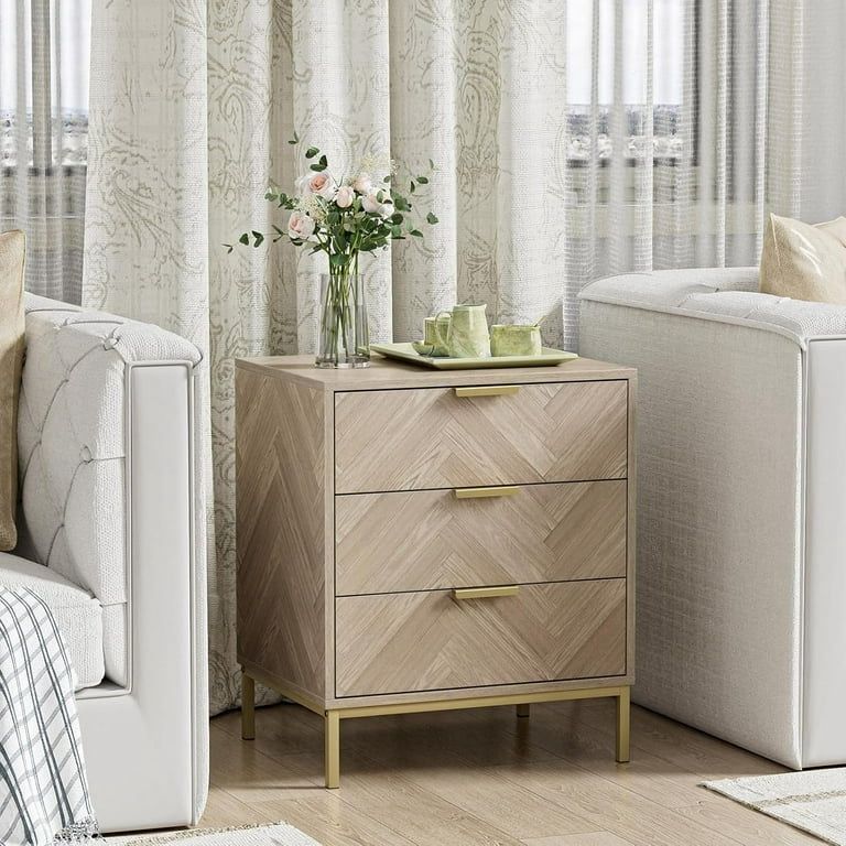 New Modern Set of 2 Wood 3 Drawer Nightstand, Herringbone Beside Table Farmhouse Side Table for Bedroom Living Room, Natural Oak   New in box H0099 *