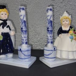 Pair Of Delftware Vintage Dutch Boy & Girl Ceramic Candle Holder With Windmill