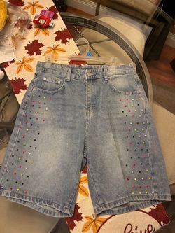 Light Wash Denim Shorts with Rhinestones