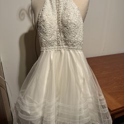 Camille La Vie Dress White Silver Mini Halter Full Skirt Lace Beaded Size 00