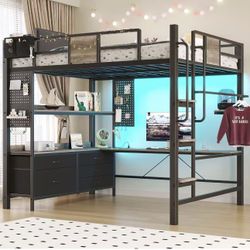 Full Size Loft Bed, Loft Bed Full Size, Bunk Bed with Desk, loft Bed with Desk,LED Lights & Charging Station,5 Drawer&1 Bedside Organizer,Safety Guard