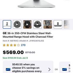 NEW 36” GE 350CFM WALL MOUNTED RANGE HOOD 1/3/25