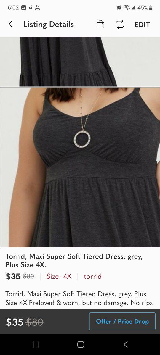 Torrid, Maxi Super Soft Tiered Dress, grey, Plus Size 4X. for Sale