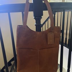 Cognac Leather Tote With Pockets