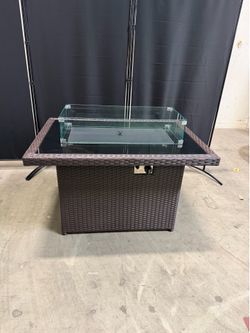 New assembled 43 in. Rectangular Wicker Patio Gas Fire Pit Table with Glass Top, 60,000 BTU. Brown