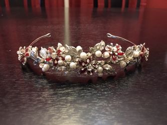 Tiara with pearls, rubies and cubic zirconia