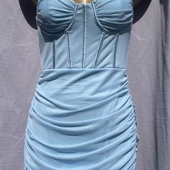 NWT Nothing But Sexy Baby Blue Mesh Corset Bodycon Mini Dress Satin Trim Small