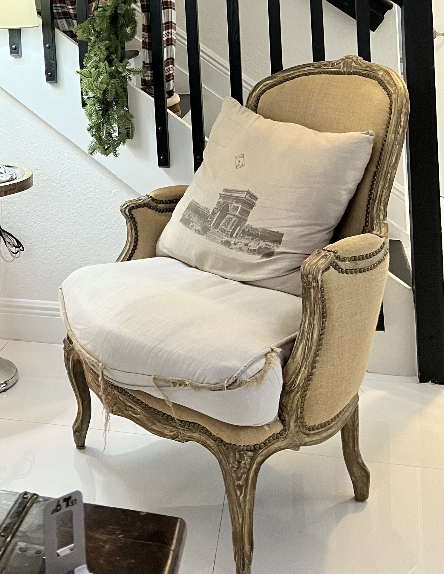 (2) French-Inspired Wingback Chairs with Charming Carved Details and Shabby Chic Appeal
