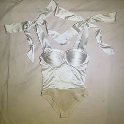 Rare London Ivory Satin Bustier Bodysuit with Bow Tie Straps – Size Small (Sample Piece)