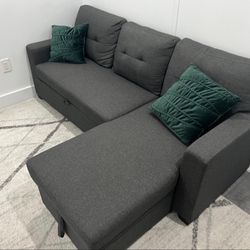(Sold) Dark Gray Sleeper Sectional with Storage Chaise & Pullout Bed