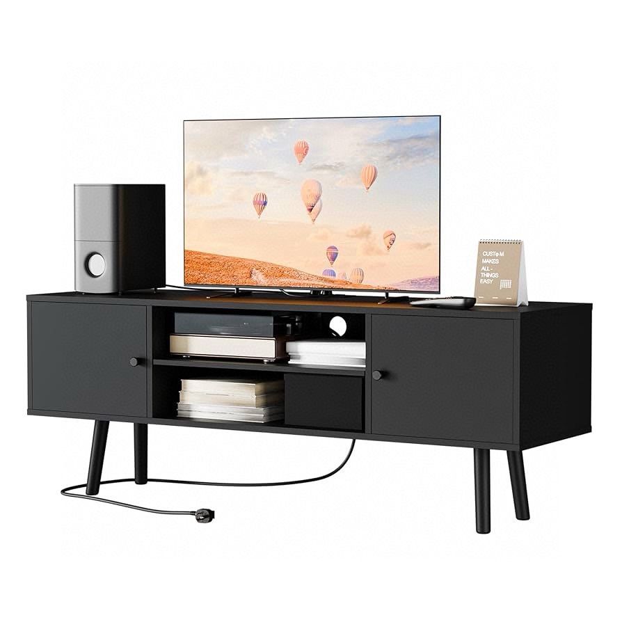 TV Stand for 48''-55''TV, Mid Century Modern TV Console, Entertainment Center with 2 Storage Cabinets, Adjustable Shelf and Power Outlets fo
