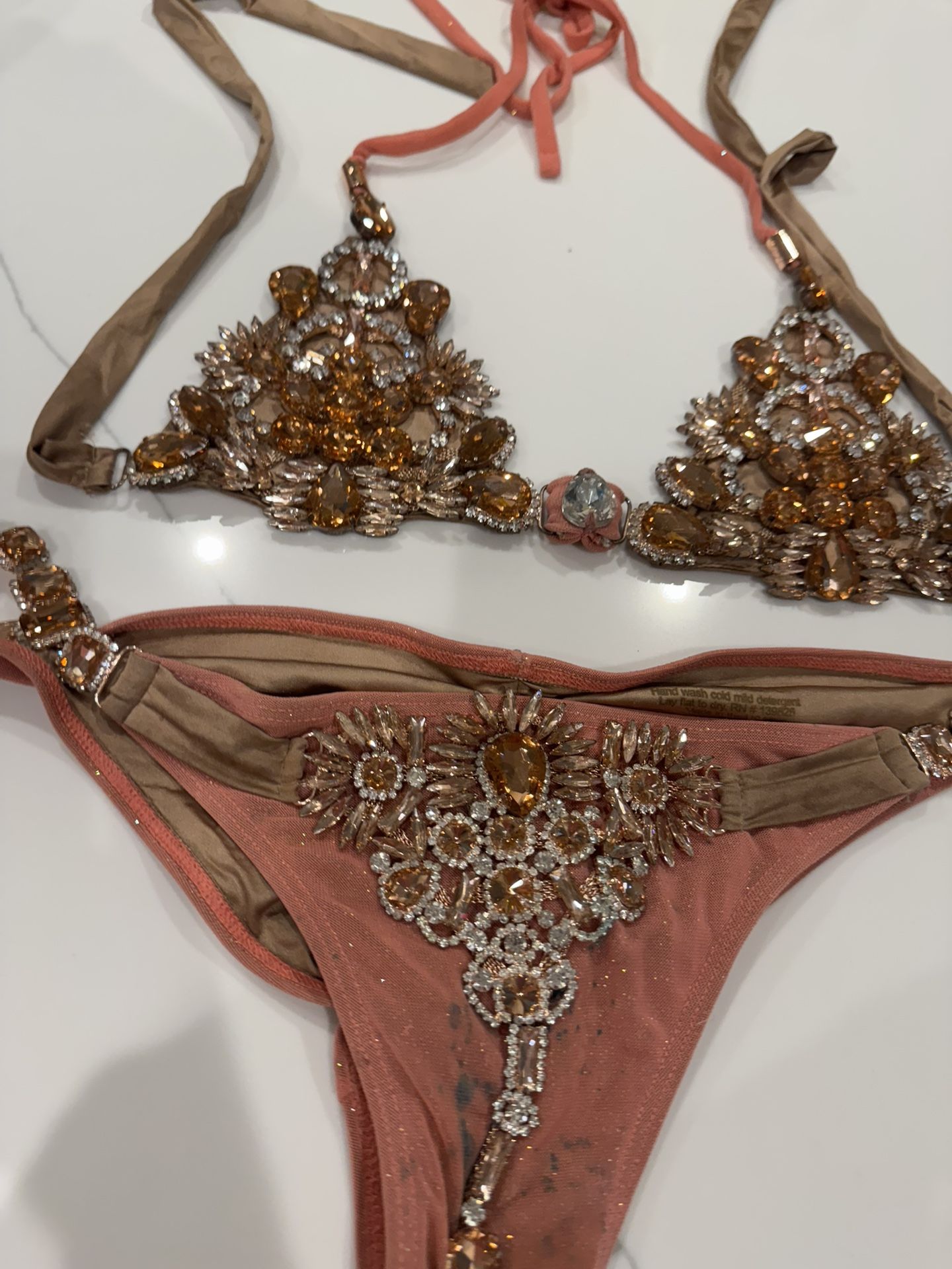 Bikini Crush Swimwear Rose Pink Gold Brown Glitter Gem Sequin Bikini L Bottom And M Top
