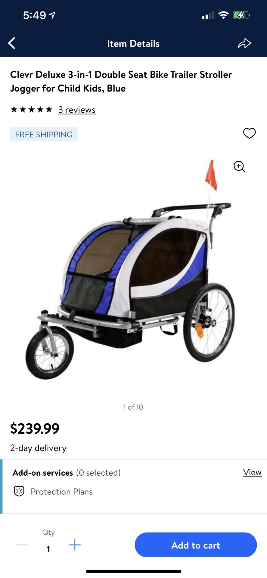Clevr Deluxe 3-in-1 Double Seat Bike Trailer Stroller Jogger for Child Kids, Blue
