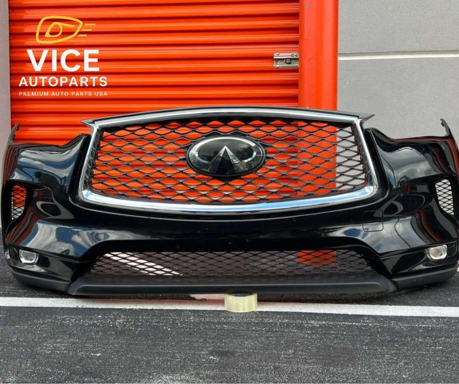 Front bumper for Infiniti Q60 (2017–2023) includes OEM grill, both headlights, and trim.