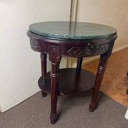 Oval Green Marble Top Accent Table – Carved Wood with Shelf