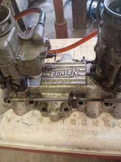 FENTON ALUMINUM INTAKE MANIFOLD WITH 2 FORD 59 CARBS