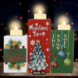 3pcs Set Festive Christmas Candle Holders with Tealights - Wooden Votive Centerpieces in Red, Green & White for Holiday Table Decor