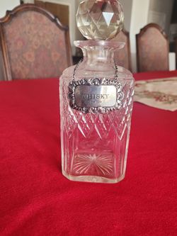 Antique English Cut Glass Decanter Sterling Silver Whiskey Tag
