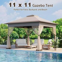 11 ft. x 11 ft. Khaki Pop-Up Gazebo Tent with Mosquito Netting $120
