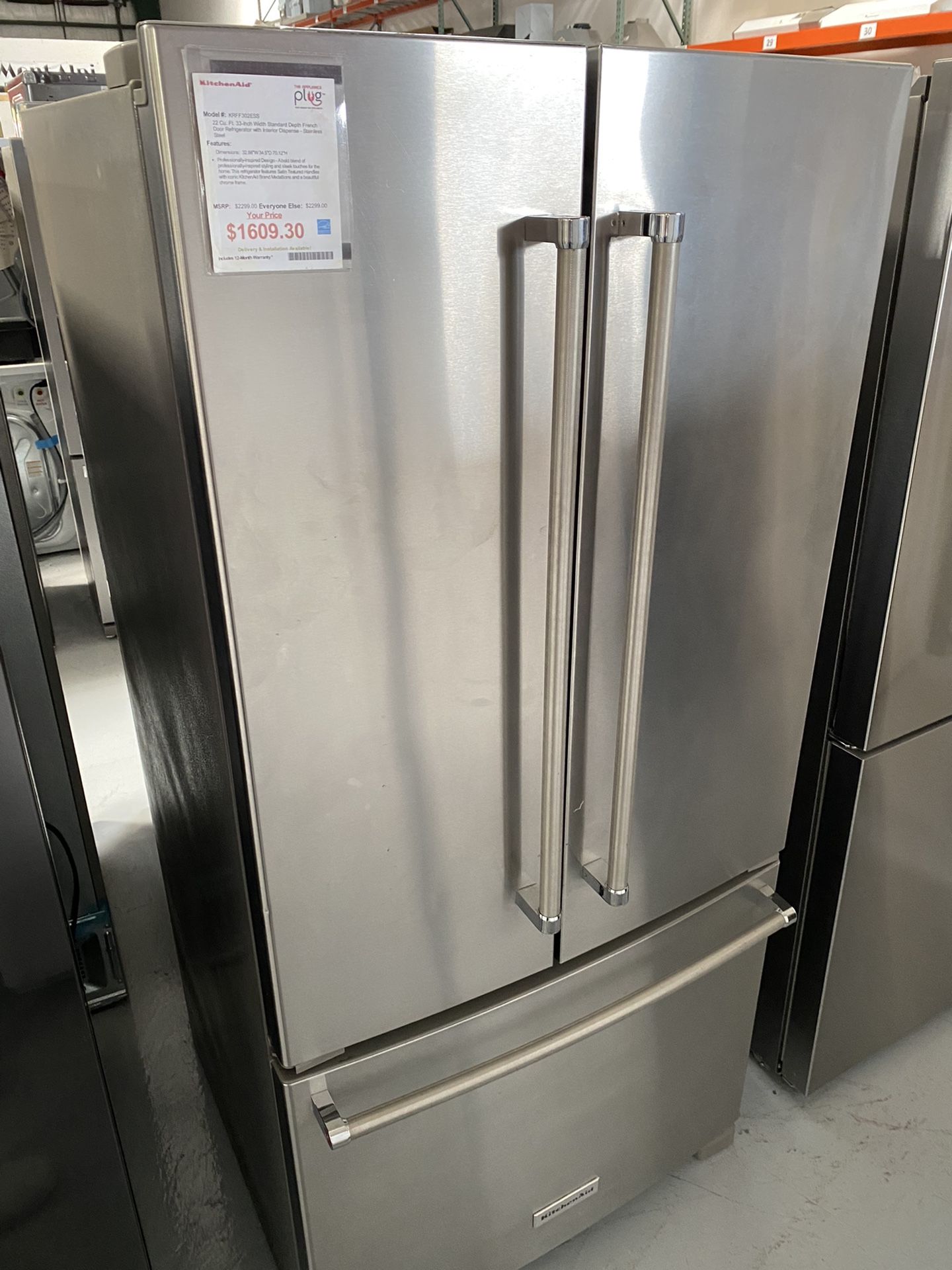 KitchenAid Stainless Steel 22 Cu. Ft. 33” Width Standard Depth French Door Refrigerator With Interior Dispense