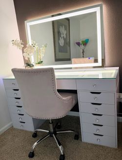 Vanity and Cali king bed frame and mattress with boxes
