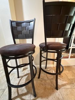Pair of Contemporary Woven-Back Metal Bar Stools - 360 degree Swivel