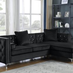 Black Velvet Sectional w/Tufted Buttons 🔥BIG SALE🔥Everything is 50% OFF🔥