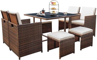 Brand New 9 Pieces Patio Dining Sets Outdoor Space Saving Rattan Chairs with Glass Table Patio Furniture Sets Cushioned Seating and Back Sectional Co