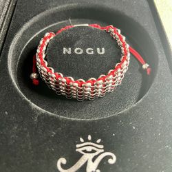 Gently Used Wide Silver and Red Chain Mail NOGU Bracelet with Box