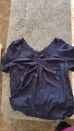 Navy Blue V-Neck Lace Trim Blouse