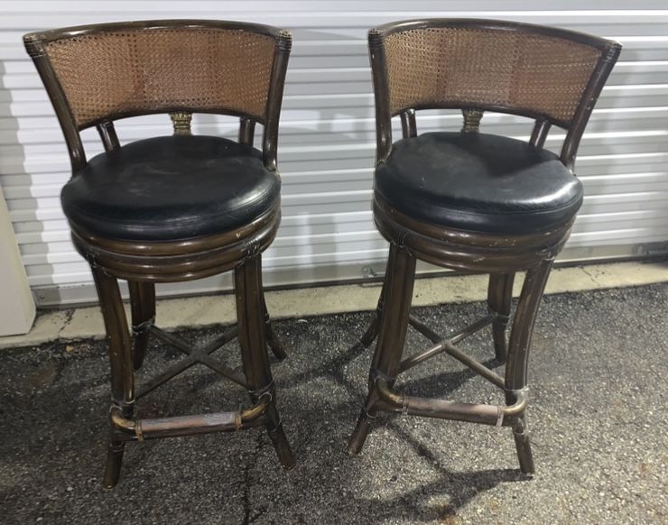 Vintage 28” Wooden Bar Stools with Wicker High Back 