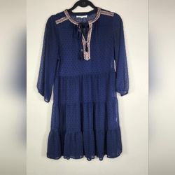 Daniel Rainn Long Sleeve Navy Blue Dotted Swiss Boho Dress S