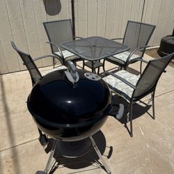 Metal Patio Table with 4 Chairs 1 Side Table and Weber Grill