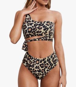 Leopard One Shoulder High Waisted Bikini Tie High Cut 2 Piece Swimsuit L