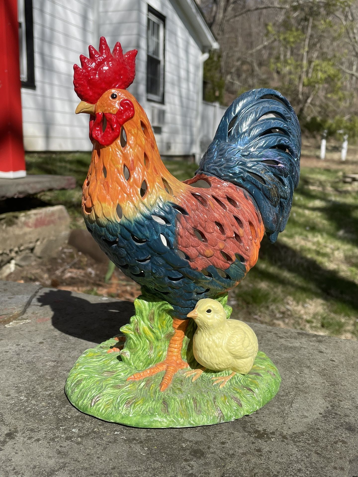 Vintage Colorful Rooster w/ 2 Chicks Tea Light Candle Holder Country Farmhouse
