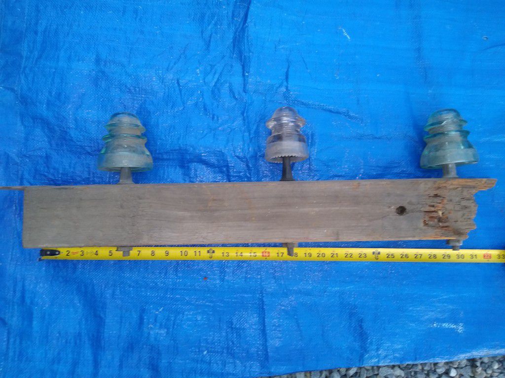 Power Pole Glass Insulators With Mounting Wood Beam RxR Telephone RR antique