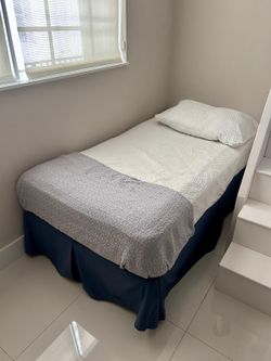 Twin Bed Set with Mattress, White Quilted Bedspread & Navy Skirt
