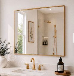 Bathroom Mirror for Wall, 30x40 Inch Metal Framed Mirror, Brushed Gold Rectangle Mirror