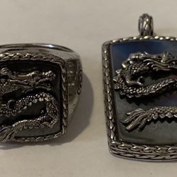 Effy Mens 925 Sterling silver onyx dragon Ring &  dog tag pendant, 21.50 TCW