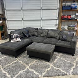 Large Black & Gray Sectional Couch with Ottoman