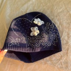 Rhinestone-Embellished Wool Knit Beanie with Floral Detail